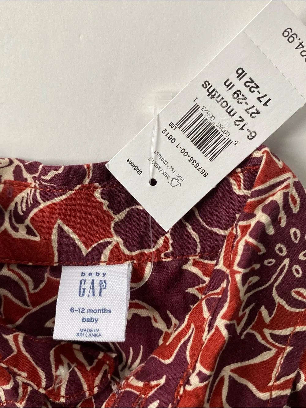 GAP Hawaiian Shirt Size 6 12 Months NWT One Piece Snap Top New Floral Red Orange